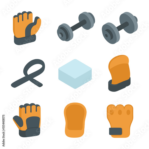 Weightlifting Gear Icons. Isometric Flat icon set of weightlifting gloves: barbell, dumbbell, wrist strap, chalk block, palm pad,