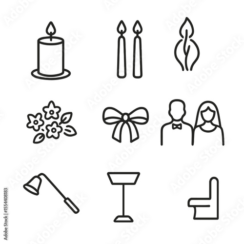 Wedding Unity Icons. Outline icon set of wedding unity candle ceremony: large pillar candle, two taper candles, flame merge,