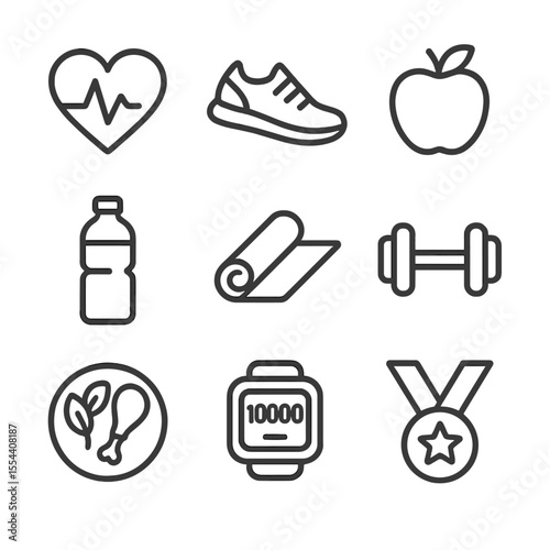 Wellness Icon Set. Outline icon set of wellness and health incentives: heart pulse monitor, running shoe, apple icon, water bottle