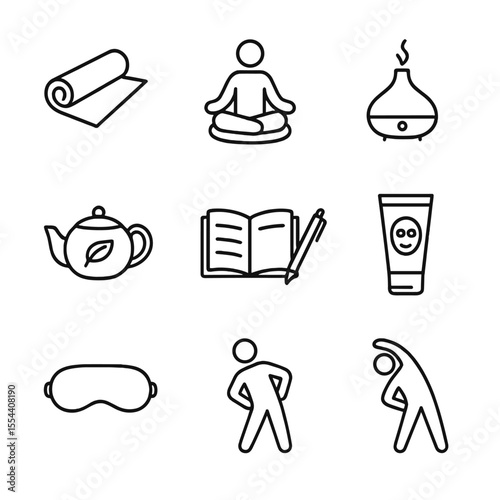 Wellness Icon Set. Outline icon set of wellness and self-care: yoga mat, meditation cushion, essential oil diffuser, herbal tea
