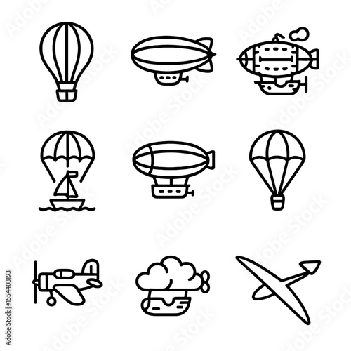 Whimsical Airships Icons. Outline icon set of whimsical airships and balloons: hot air balloon, zeppelin, steampunk airship,