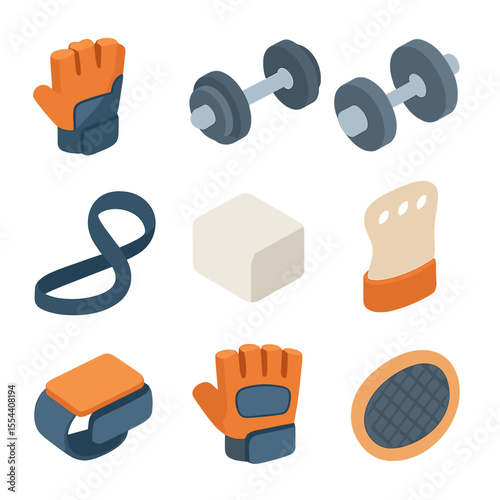 Weightlifting Gear Icons. Isometric Flat icon set of weightlifting gloves: barbell, dumbbell, wrist strap, chalk block, palm pad,