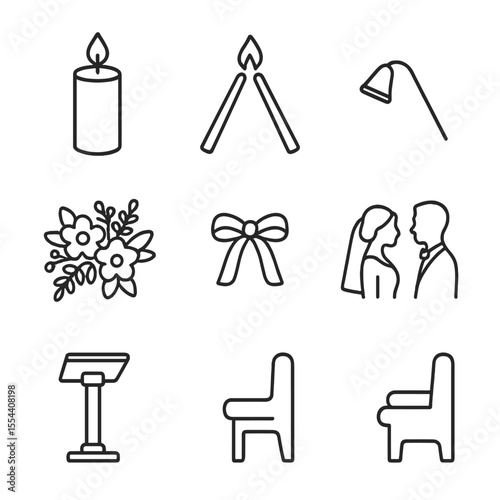 Wedding Unity Icons. Outline icon set of wedding unity candle ceremony: large pillar candle, two taper candles, flame merge,