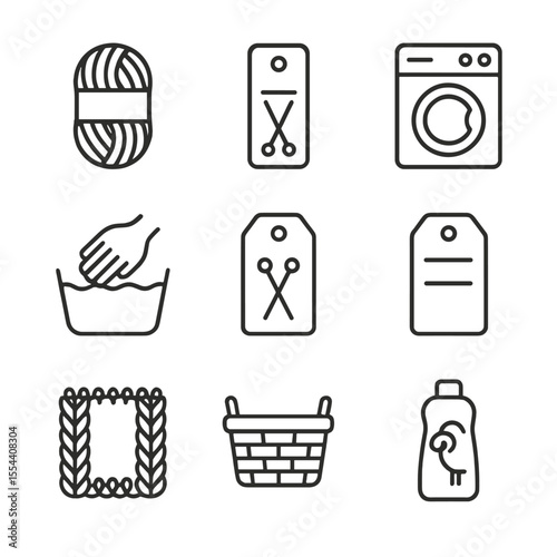 Yarn Care Icons. Outline icon set of yarn selection and care: yarn skein, fiber label, washing machine, hand-wash tub, needle size