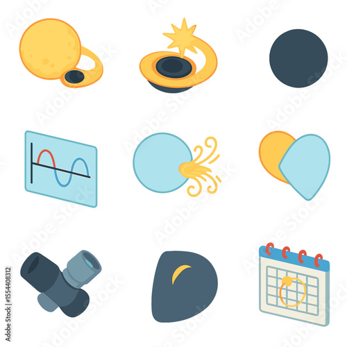X-ray Binary Icon Set. Isometric Flat icon set of X-ray binary system with black hole: companion star, accretion stream, X-ray