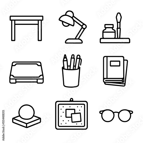 Writing Desk Icons. Outline icon set of desk setup for writing: wooden desk surface, desk lamp, inkwell stand, blotter pad, pen