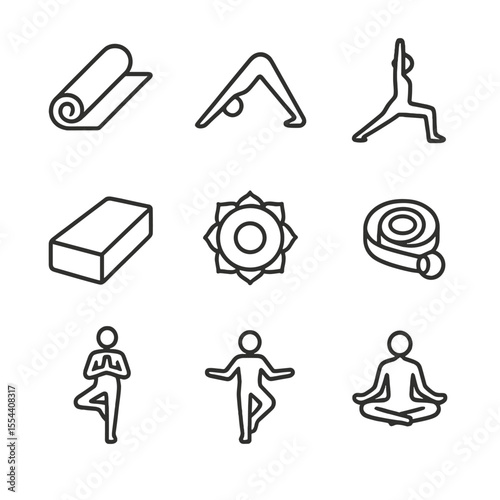Yoga Icons Set. Outline icon set of yoga practice: yoga mat, downward dog pose, warrior pose silhouette, yoga block, chakra symbol