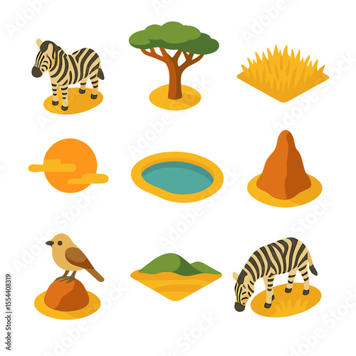 Zebras on Savannah Icons. Isometric Flat icon set of zebras feeding on savannah at sunset: zebra, acacia tree, savannah grass,
