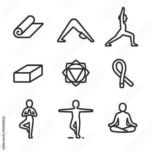 Yoga Icons Set. Outline icon set of yoga practice: yoga mat, downward dog pose, warrior pose silhouette, yoga block, chakra symbol