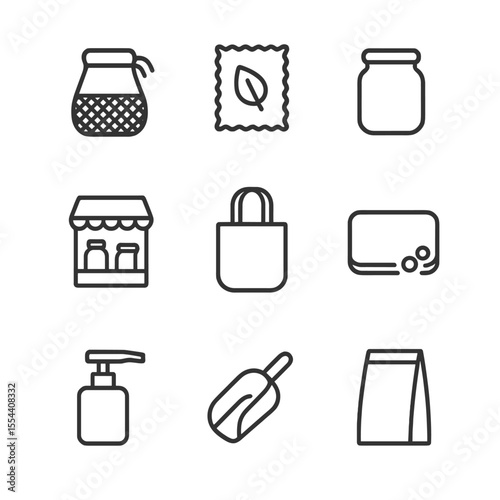 Zero Waste Icons. Outline icon set of zero waste shopping essentials: reusable produce bag, beeswax wrap, glass jar, bulk spice