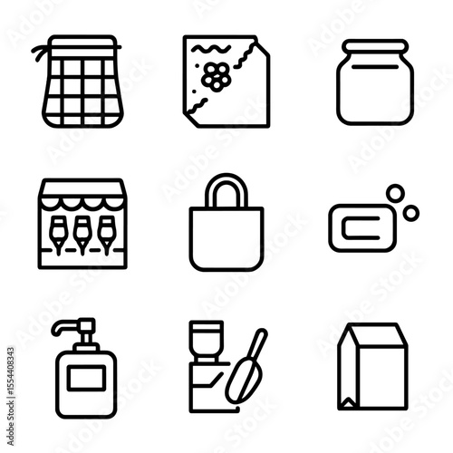 Zero Waste Icons. Outline icon set of zero waste shopping essentials: reusable produce bag, beeswax wrap, glass jar, bulk spice