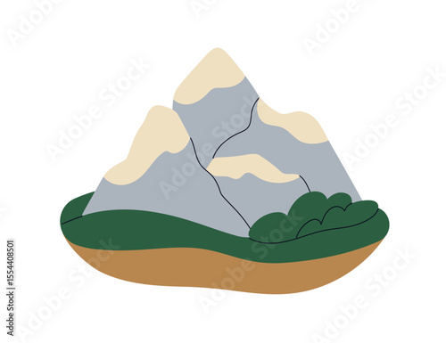 Mountain peaks, nature landscape icon. Snow-covered rocks, alps ridge, mounts with rocky slopes, cliffs, trees. Travel, outdoor adventure. Flat vector illustration isolated on white background