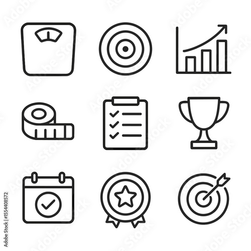Dietary Goal Icons. Outline icon set of dietary goal setting: weight scale, goal bullseye, progress chart, measuring tape,