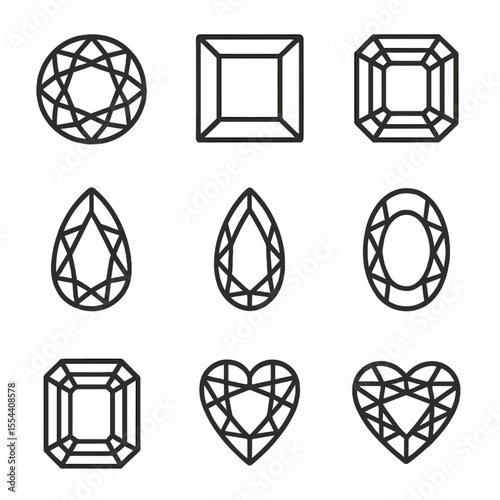 Diamond Cuts Icons. Outline icon set of diamond cuts: round brilliant, princess cut, emerald cut, cushion cut, pear shape,