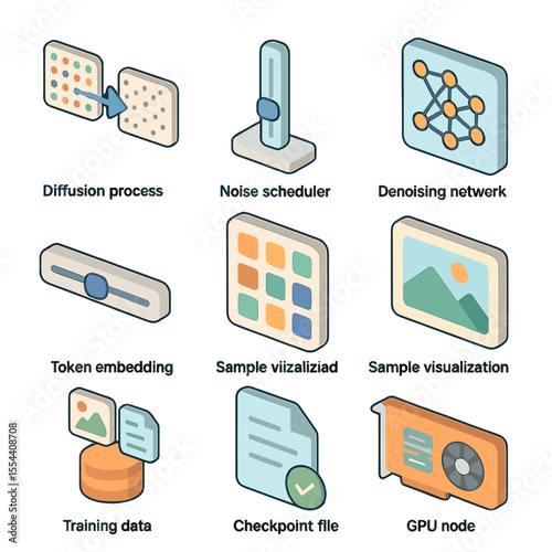 Diffusion Model Icons. Isometric Flat icon set of Diffusion Models and Sampling: diffusion process diagram, noise scheduler,