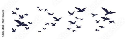 Bird flock silhouettes. Free doves in groups, fly in air. Black pigeon figure patterns, flying, soaring aloft above in sky. Freedom, migration. Flat vector illustration isolated on white background
