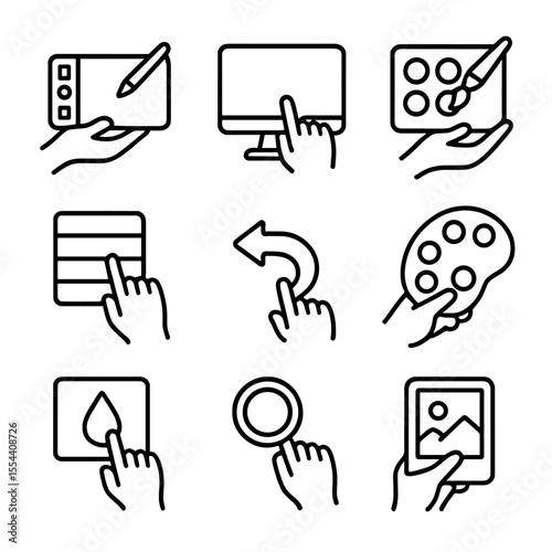 Digital Art Tools Icons. Outline icon set of hands digital drawing: graphic tablet, stylus pen, monitor screen, digital brush