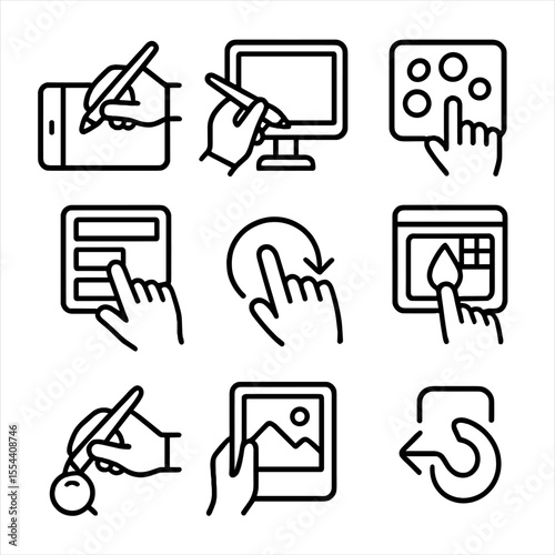 Digital Art Tools Icons. Outline icon set of hands digital drawing: graphic tablet, stylus pen, monitor screen, digital brush