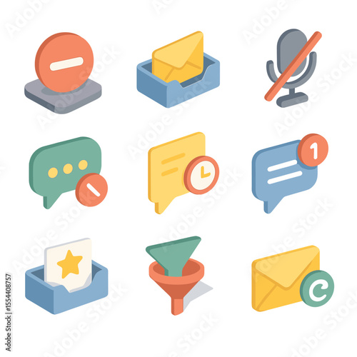 Digital Communication Icons. Isometric Flat icon set of digital communication limits: do not disturb status, email inbox, muted