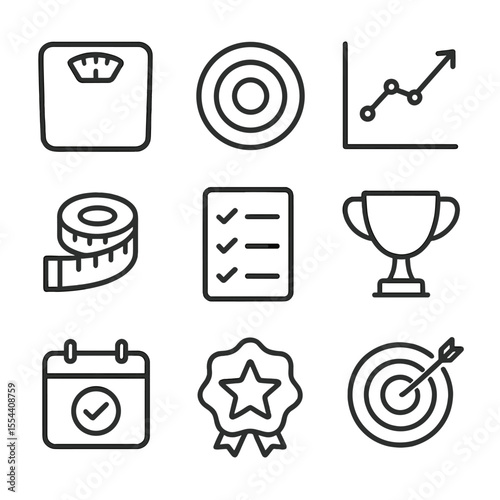Dietary Goal Icons. Outline icon set of dietary goal setting: weight scale, goal bullseye, progress chart, measuring tape,