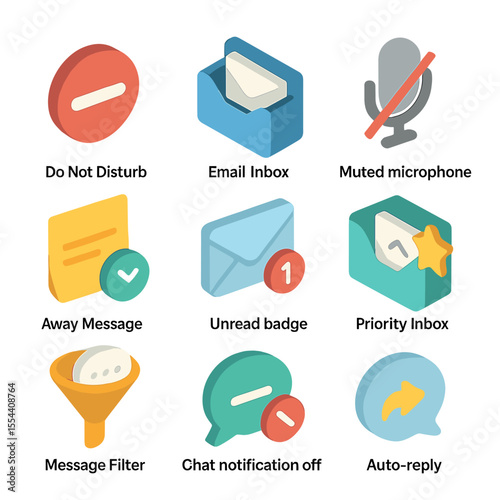 Digital Communication Icons. Isometric Flat icon set of digital communication limits: do not disturb status, email inbox, muted