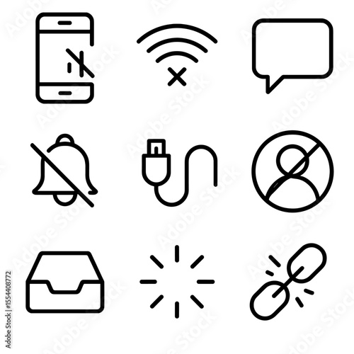 Digital Disconnection Icons. Outline icon set of digital disconnection: smartphone with no signal, broken Wi-Fi icon, blank chat