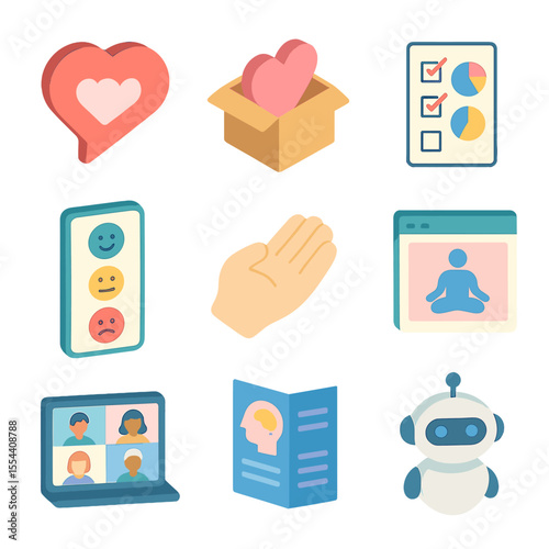 Digital Empathy Icons. Isometric Flat icon set of digital empathy and support: heart-shaped chat bubble, virtual care package box,