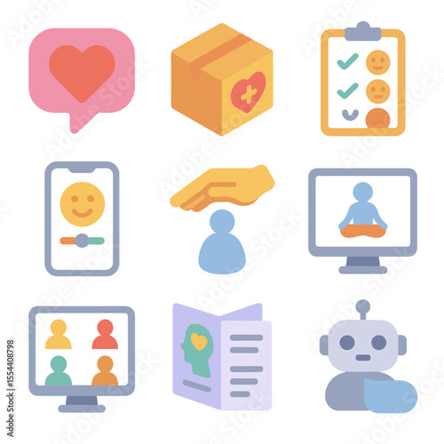 Digital Empathy Icons. Isometric Flat icon set of digital empathy and support: heart-shaped chat bubble, virtual care package box,