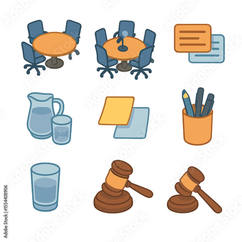 Discussion Icons Set. Isometric Flat icon set of roundtable discussion sessions: round table, swivel chairs, microphone