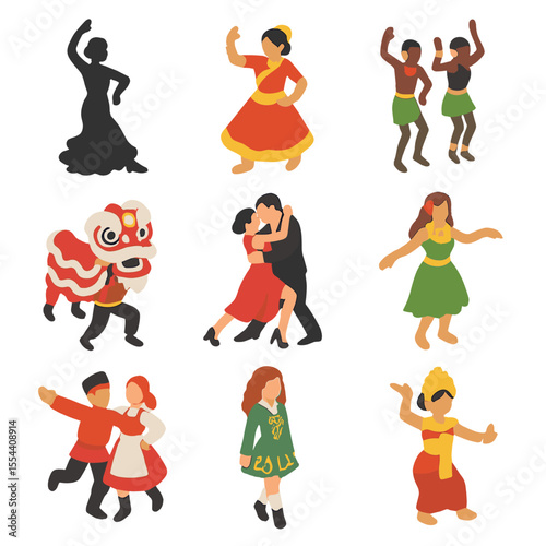 Diverse Dance Icon Set. Isometric Flat icon set of traditional dance forms: Flamenco dancer silhouette, Indian Kathak dancer,