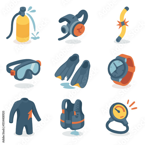 Diving Gear Failures Icons. Isometric Flat icon set of diving equipment failure risks: leaking scuba tank, broken regulator,