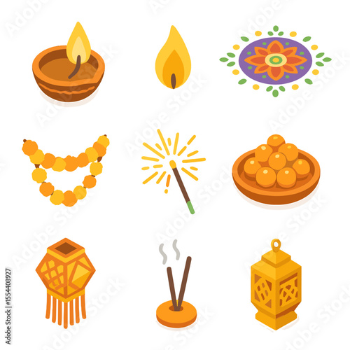Diwali Icon Set. Isometric Flat icon set of Diwali Diya lighting: clay diya, lit flame, rangoli design, marigold garland,