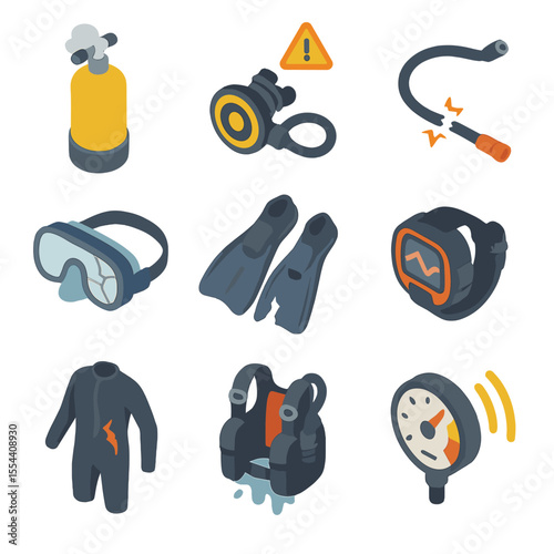 Diving Gear Failures Icons. Isometric Flat icon set of diving equipment failure risks: leaking scuba tank, broken regulator,
