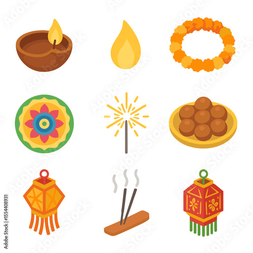 Diwali Icon Set. Isometric Flat icon set of Diwali Diya lighting: clay diya, lit flame, rangoli design, marigold garland,