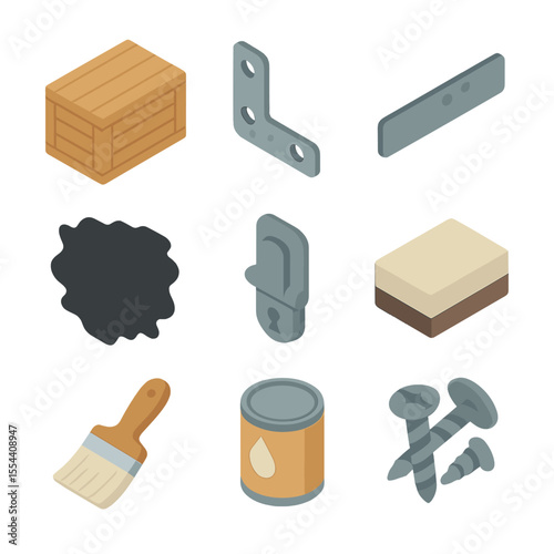 DIY Chest Icon Set. Isometric Flat icon set of DIY wooden chest with metal accents: wooden chest body, metal corner brace,