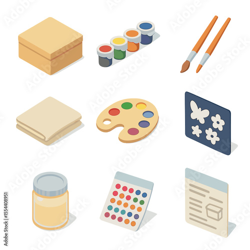 DIY Craft Kit Icons. Isometric Flat icon set of DIY paint-your-own box kit: blank wooden box, paint pot set, fine paintbrushes,