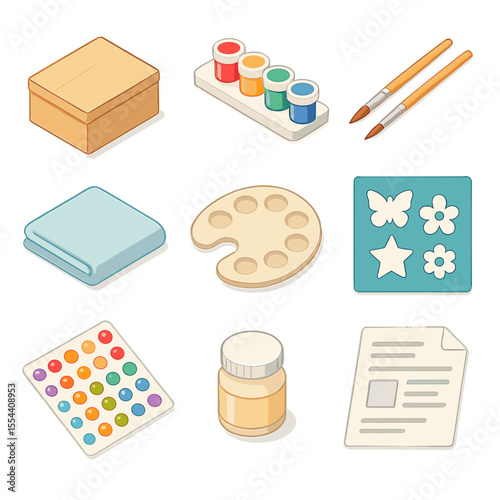 DIY Craft Kit Icons. Isometric Flat icon set of DIY paint-your-own box kit: blank wooden box, paint pot set, fine paintbrushes,