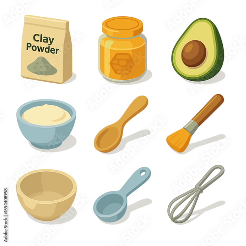 DIY Facial Mask Icons. Isometric Flat icon set of DIY facial mask creation: clay powder pouch, honey jar, avocado half, yogurt