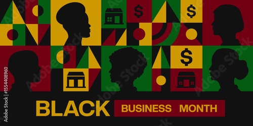 August is Black Business Month. Human, store and money. Suitable for posters, banners and social media. Black background.