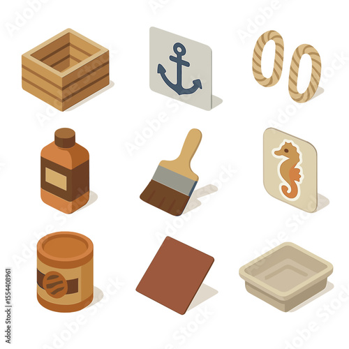 DIY Crate Painting Icons. Isometric Flat icon set of DIY wooden crate painting: slatted wooden crate, anchor stencil, rope handles