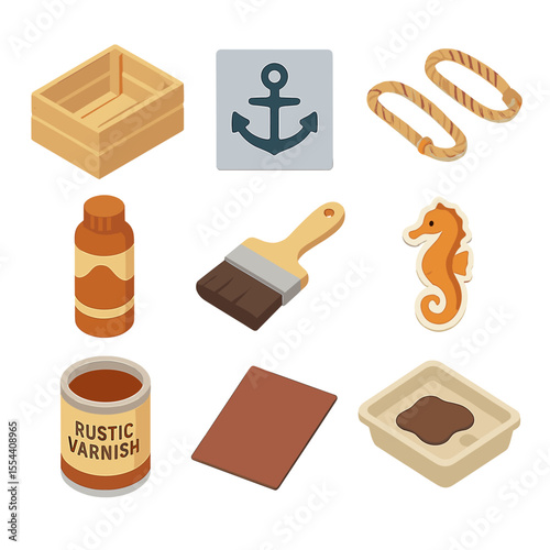 DIY Crate Painting Icons. Isometric Flat icon set of DIY wooden crate painting: slatted wooden crate, anchor stencil, rope handles