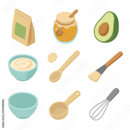 DIY Facial Mask Icons. Isometric Flat icon set of DIY facial mask creation: clay powder pouch, honey jar, avocado half, yogurt