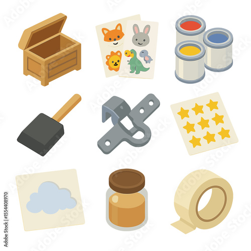 DIY Toy Chest Icons. Isometric Flat icon set of DIY toy chest decoration: toy chest, cartoon animal decal sheets, primary color