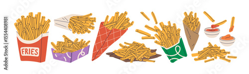 French fries set. Crispy potato chips, sticks in paper packages, cone wrapping, carton box, dip sauces, ketchup in cup bowls. Fast food, snack. Flat vector illustration isolated on white background