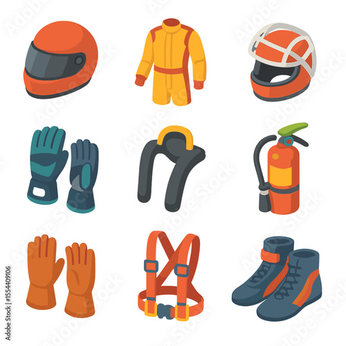 Drift Safety Gear Icons. Isometric Flat icon set of drift safety gear: racing helmet, fire-resistant suit, roll cage helmet,