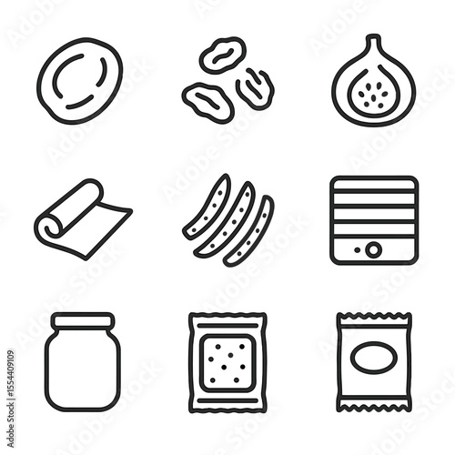 Dried Fruits Icons. Outline icon set of dried and preserved fruits: dried apricot, raisin, dried fig, fruit leather, candied