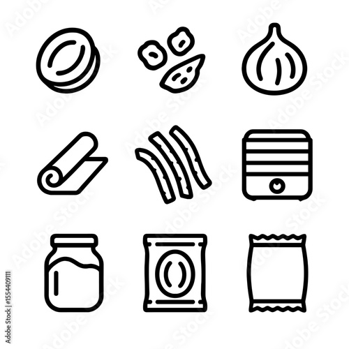 Dried Fruits Icons. Outline icon set of dried and preserved fruits: dried apricot, raisin, dried fig, fruit leather, candied