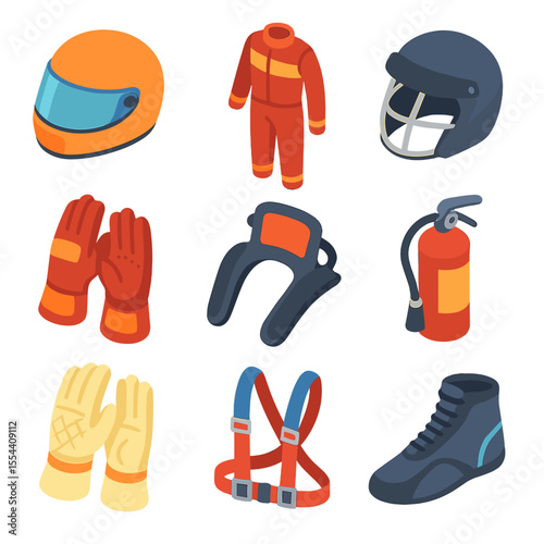 Drift Safety Gear Icons. Isometric Flat icon set of drift safety gear: racing helmet, fire-resistant suit, roll cage helmet,