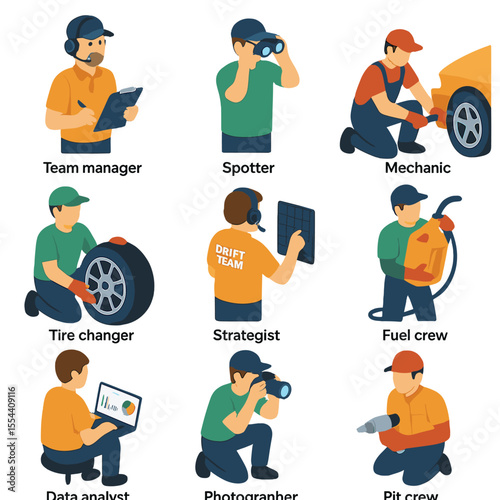 Drift Team Icon Set. Isometric Flat icon set of drift team and crew roles: team manager, spotter, mechanic, tire changer,