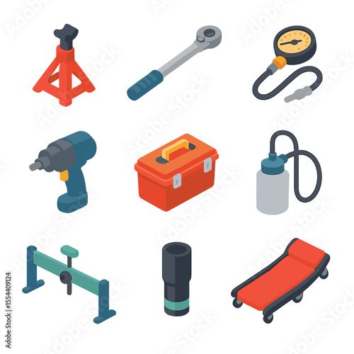 Drift Tools Icons. Isometric Flat icon set of drift equipment and tools: jack stand, torque wrench, tire pressure gauge, impact